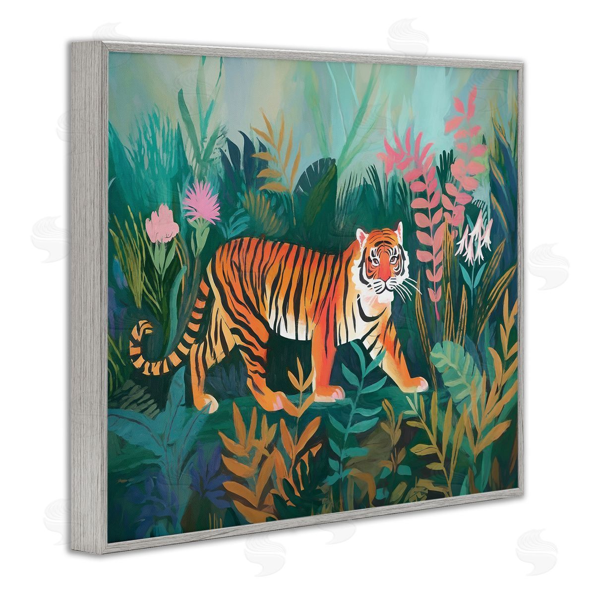 Tiger in Jungle Leaves Grey Frame Print Wall Art, Home Decor by Ramona Murdock