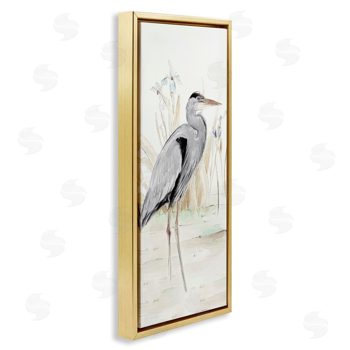 Heron in Lake Drawing Gold Floating Frame Canvas Wall Art, Home Decor by Lanie Loreth