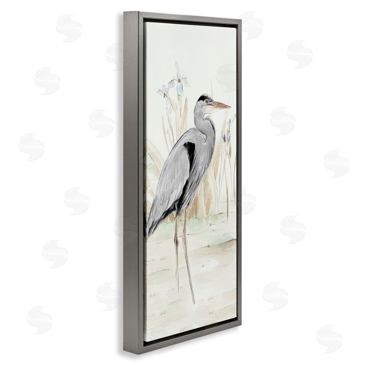 Heron in Lake Drawing Grey Floating Frame Canvas Wall Art, Home Decor by Lanie Loreth