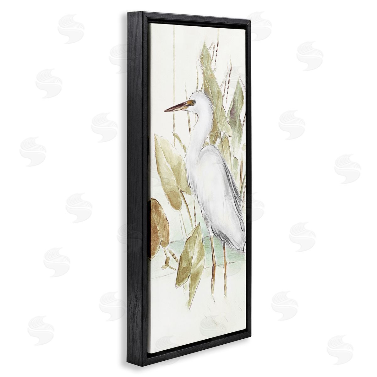 Egret in Lake Drawing Black Floating Frame Canvas Wall Art, Home Decor by Lanie Loreth