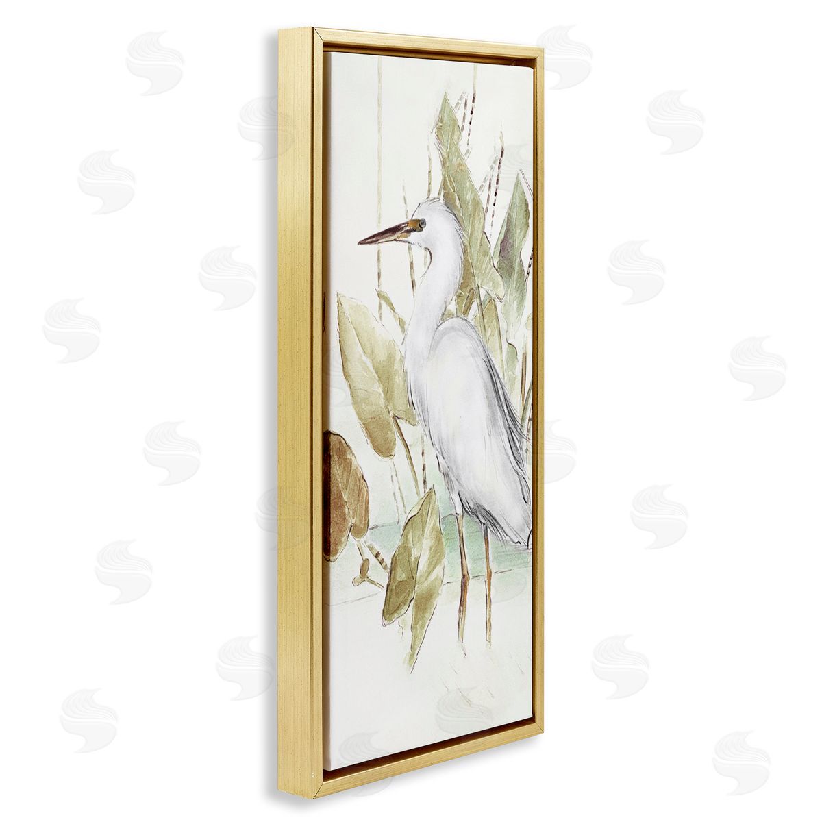 Egret in Lake Drawing Gold Floating Frame Canvas Wall Art, Home Decor by Lanie Loreth