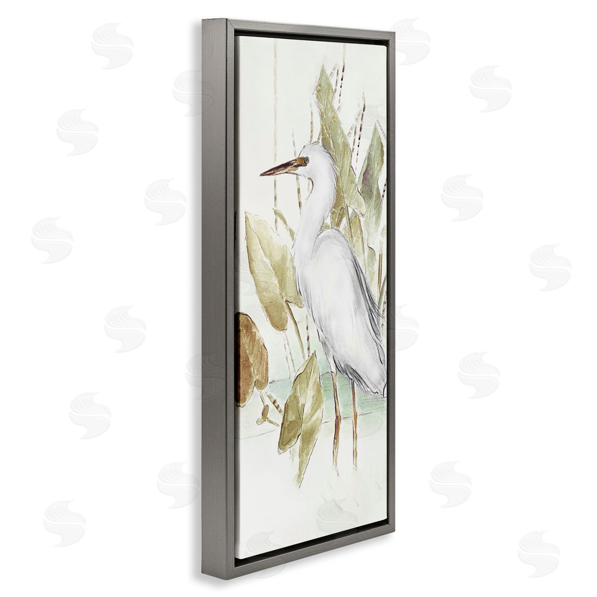 Egret in Lake Drawing Grey Floating Frame Canvas Wall Art, Home Decor by Lanie Loreth