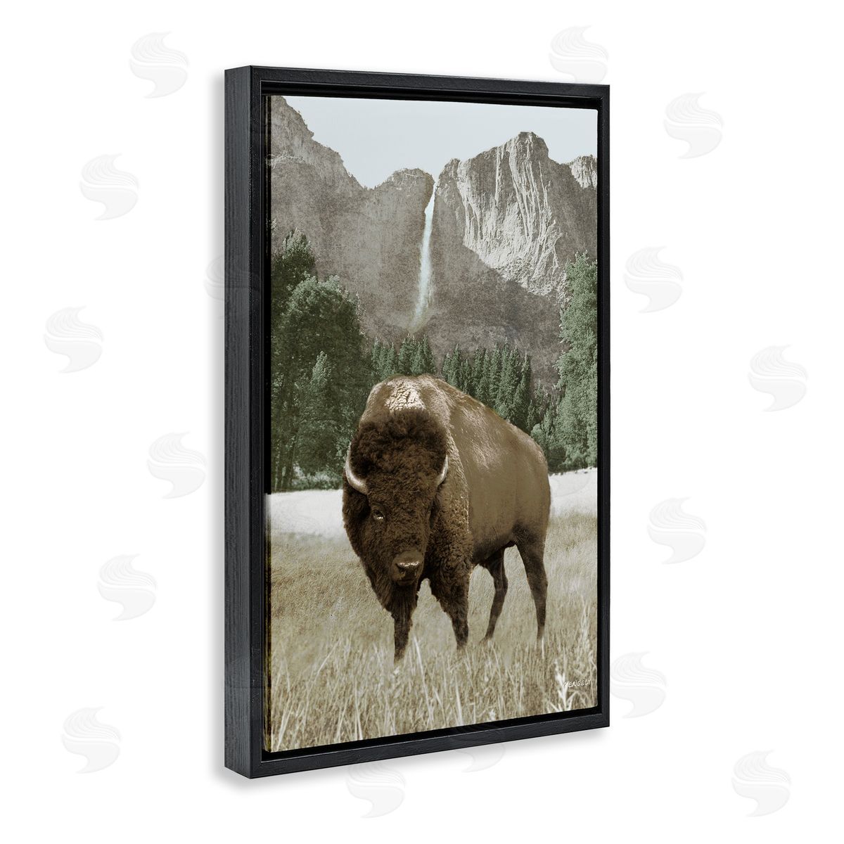 Bison and Mountain Landscape Black Floating Frame Canvas Wall Art, Home Decor by Dan Meneely