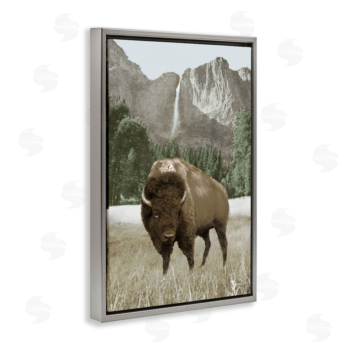 Bison and Mountain Landscape Grey Floating Frame Canvas Wall Art, Home Decor by Dan Meneely