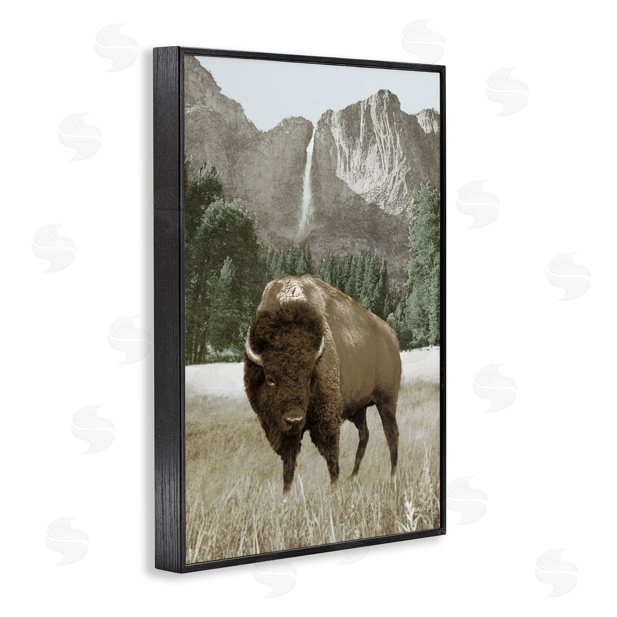 Bison and Mountain Landscape Black Frame Print Wall Art, Home Decor by Dan Meneely