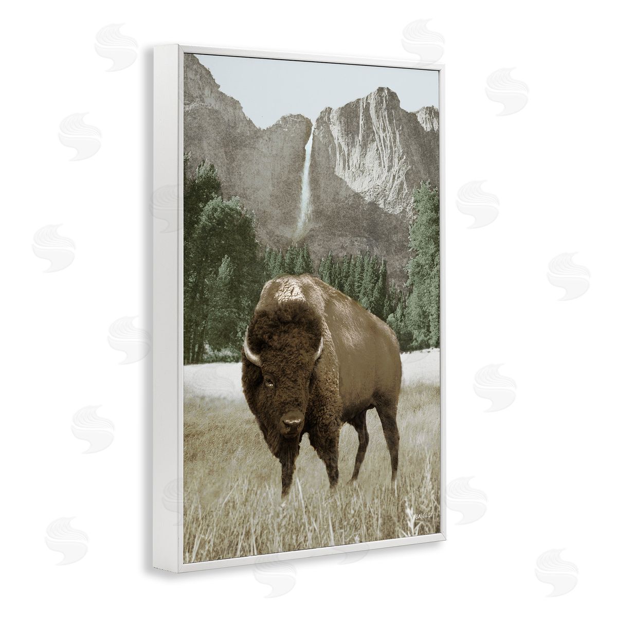 Bison and Mountain Landscape White Frame Print Wall Art, Home Decor by Dan Meneely