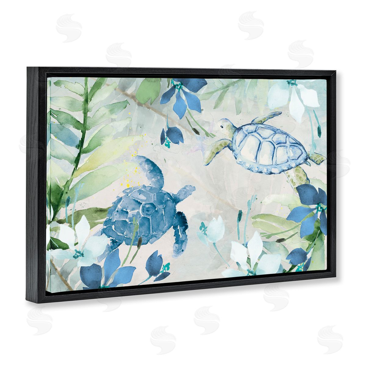 Turtles Among Flowers Black Floating Frame Canvas Wall Art, Home Decor by Lanie Loreth