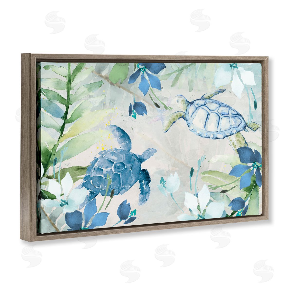 Turtles Among Flowers Brown Floating Frame Canvas Wall Art, Home Decor by Lanie Loreth