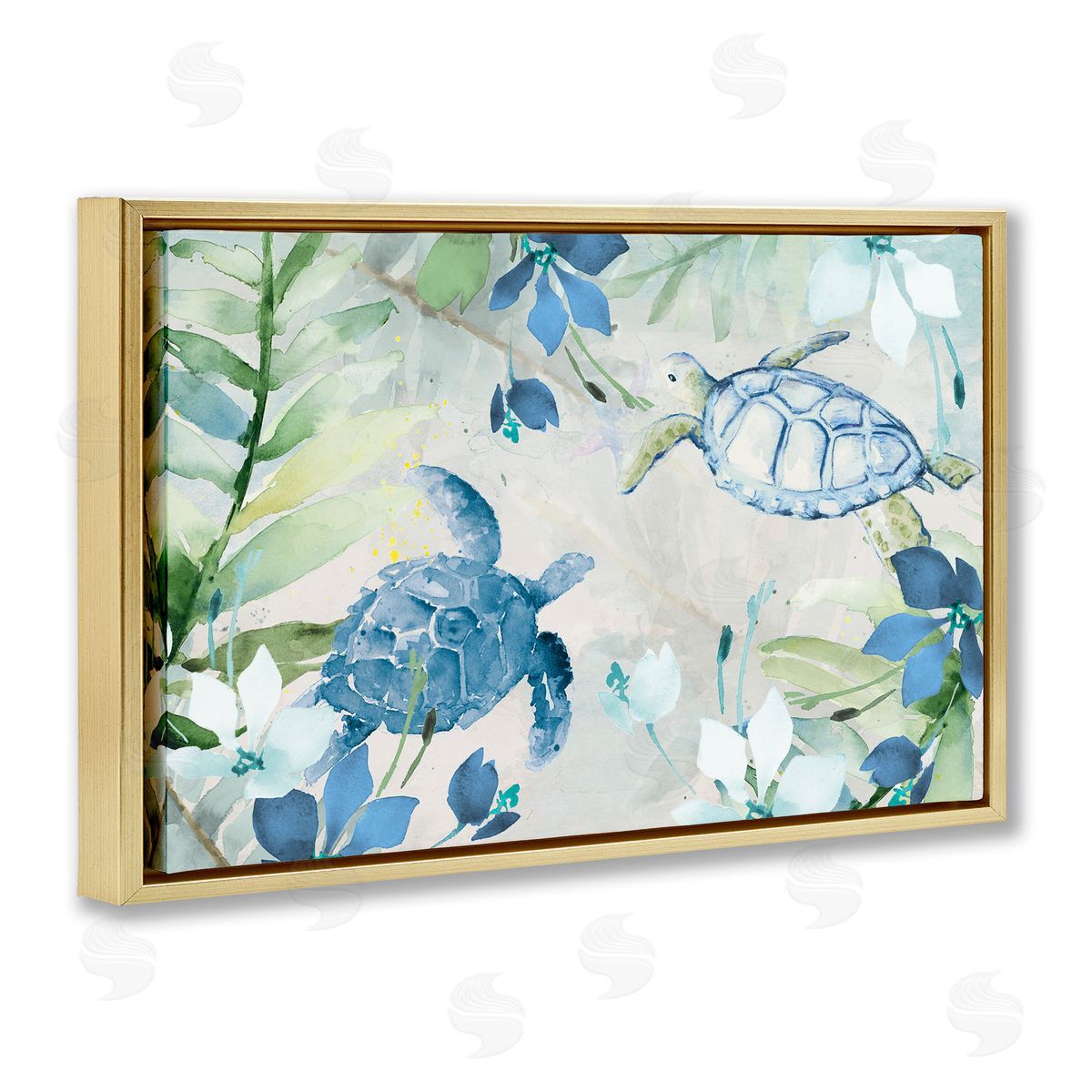 Turtles Among Flowers Gold Floating Frame Canvas Wall Art, Home Decor by Lanie Loreth
