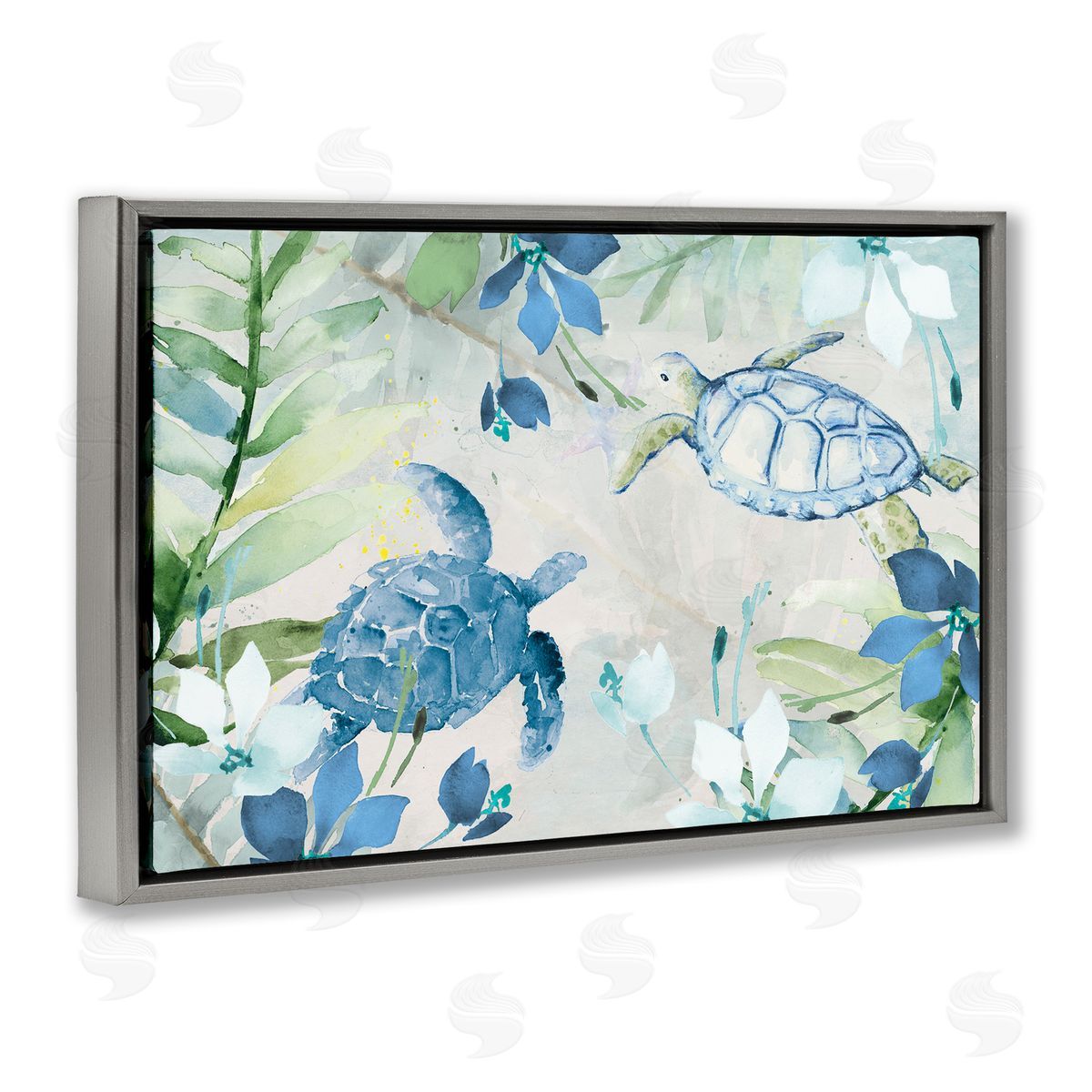 Turtles Among Flowers Grey Floating Frame Canvas Wall Art, Home Decor by Lanie Loreth