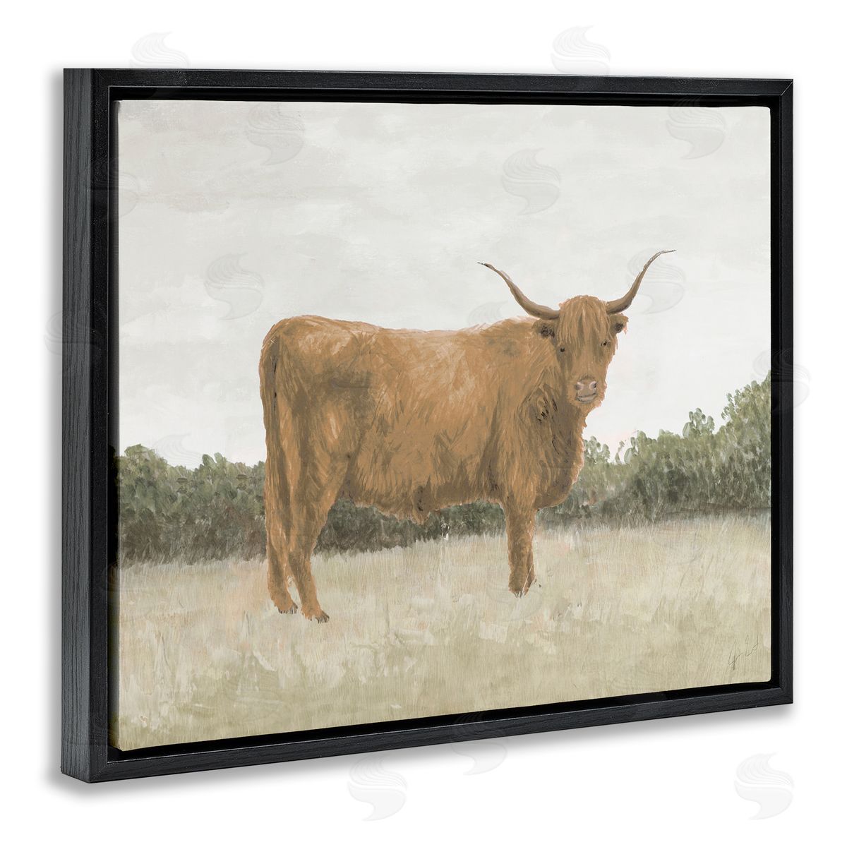 Brown Cattle Gazing Black Floating Frame Canvas Wall Art, Home Decor by Jen Eitel