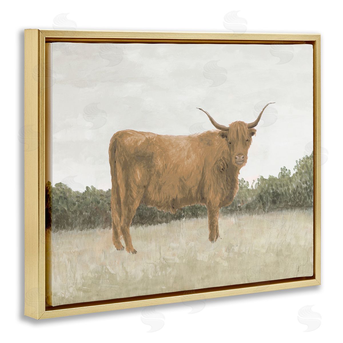 Brown Cattle Gazing Gold Floating Frame Canvas Wall Art, Home Decor by Jen Eitel