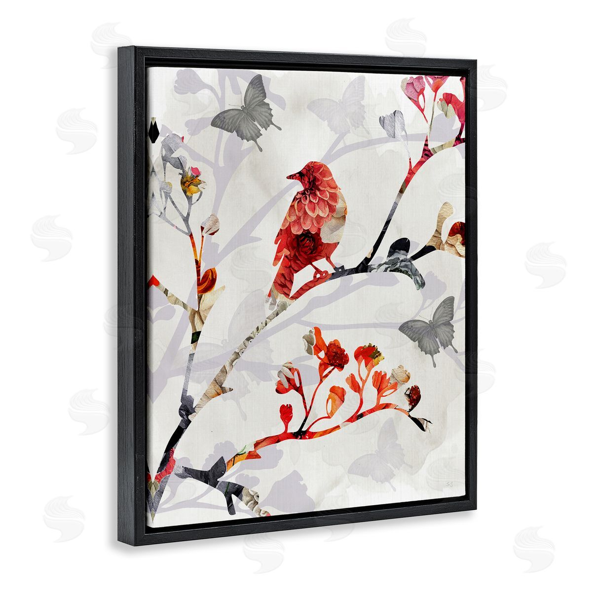 Susan Jill Patterned Birds on Branches Black Floating Frame Canvas Wall Art Print