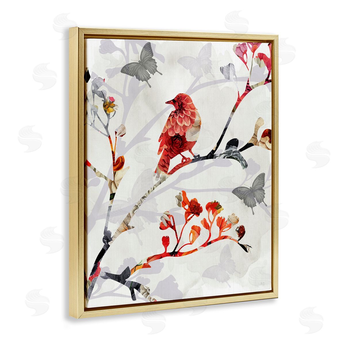 Susan Jill Patterned Birds on Branches Gold Floating Frame Canvas Wall Art Print