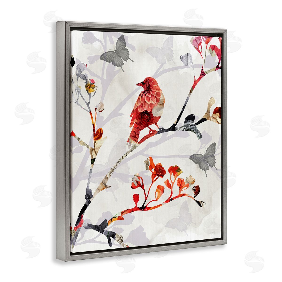 Susan Jill Patterned Birds on Branches Gray Floating Frame Canvas Wall Art Print