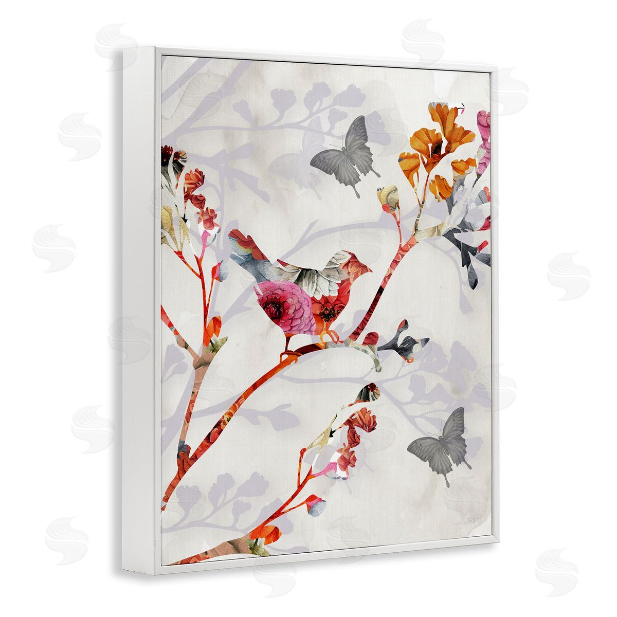 Birds and Butterflies Nature White Frame Print Wall Art, Home Decor by Susan Jill