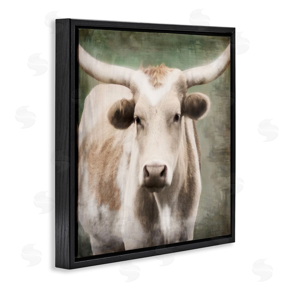 Rustic Longhorn Cattle Black Floating Frame Canvas Wall Art, Home Decor by Rhonda Addison