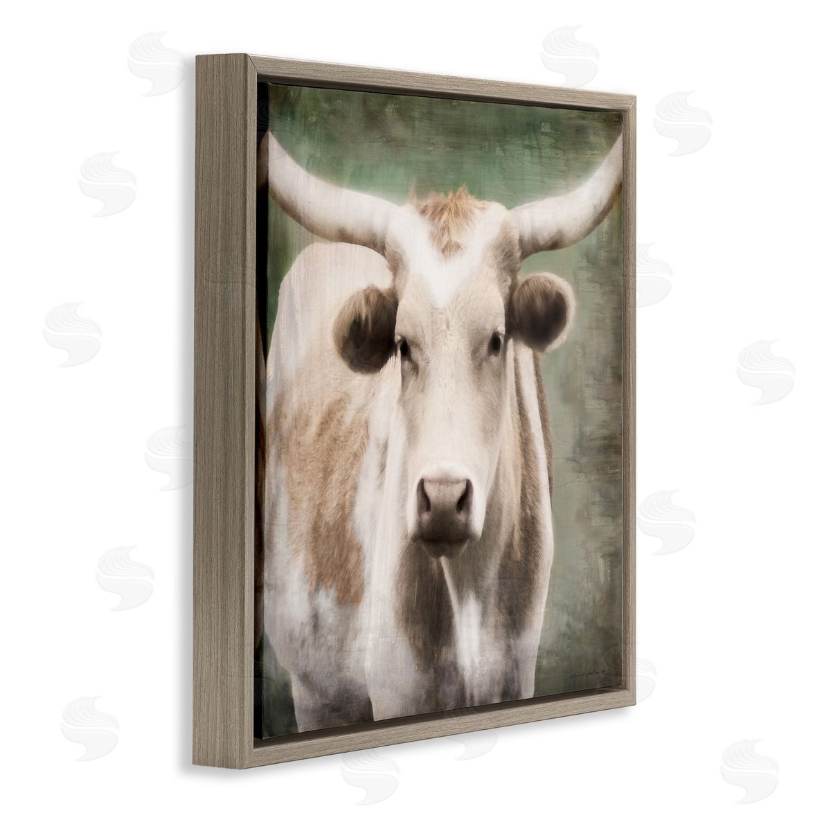 Rustic Longhorn Cattle Brown Floating Frame Canvas Wall Art, Home Decor by Rhonda Addison