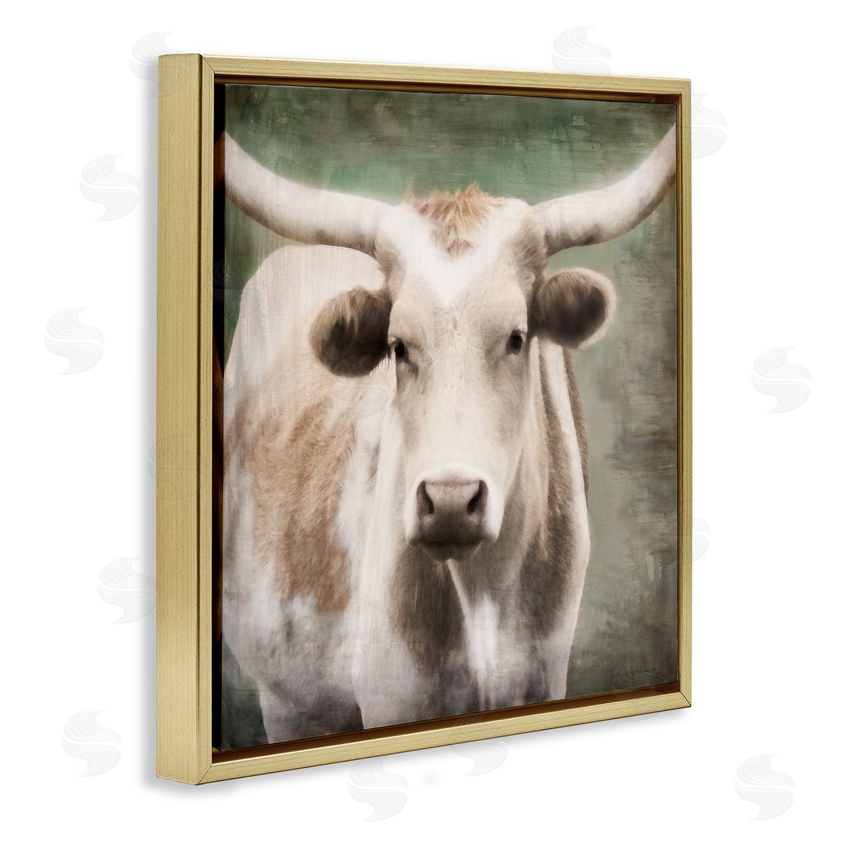 Rustic Longhorn Cattle Gold Floating Frame Canvas Wall Art, Home Decor by Rhonda Addison
