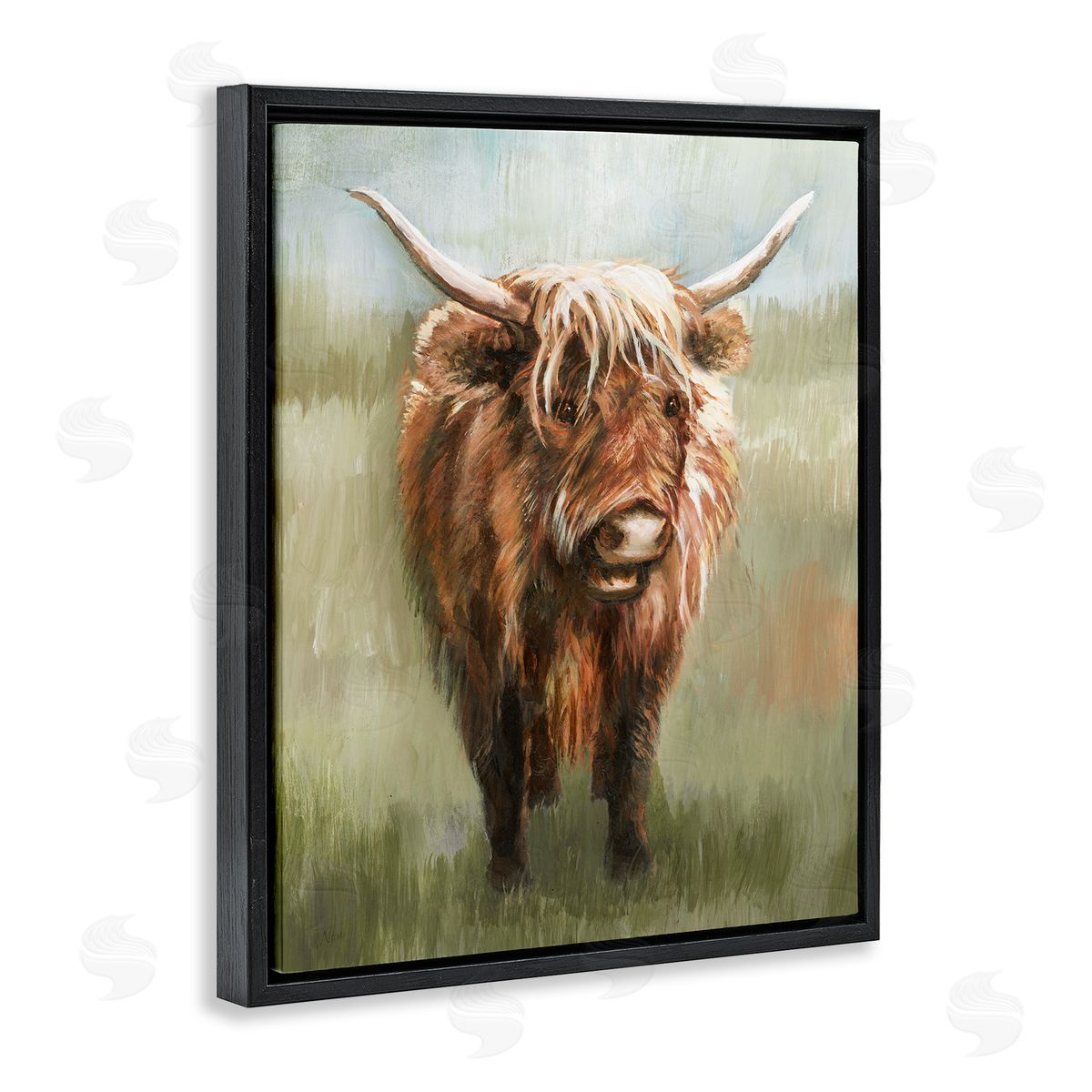 Highland Cattle Painting Black Floating Frame Canvas Wall Art, Home Decor by Nan