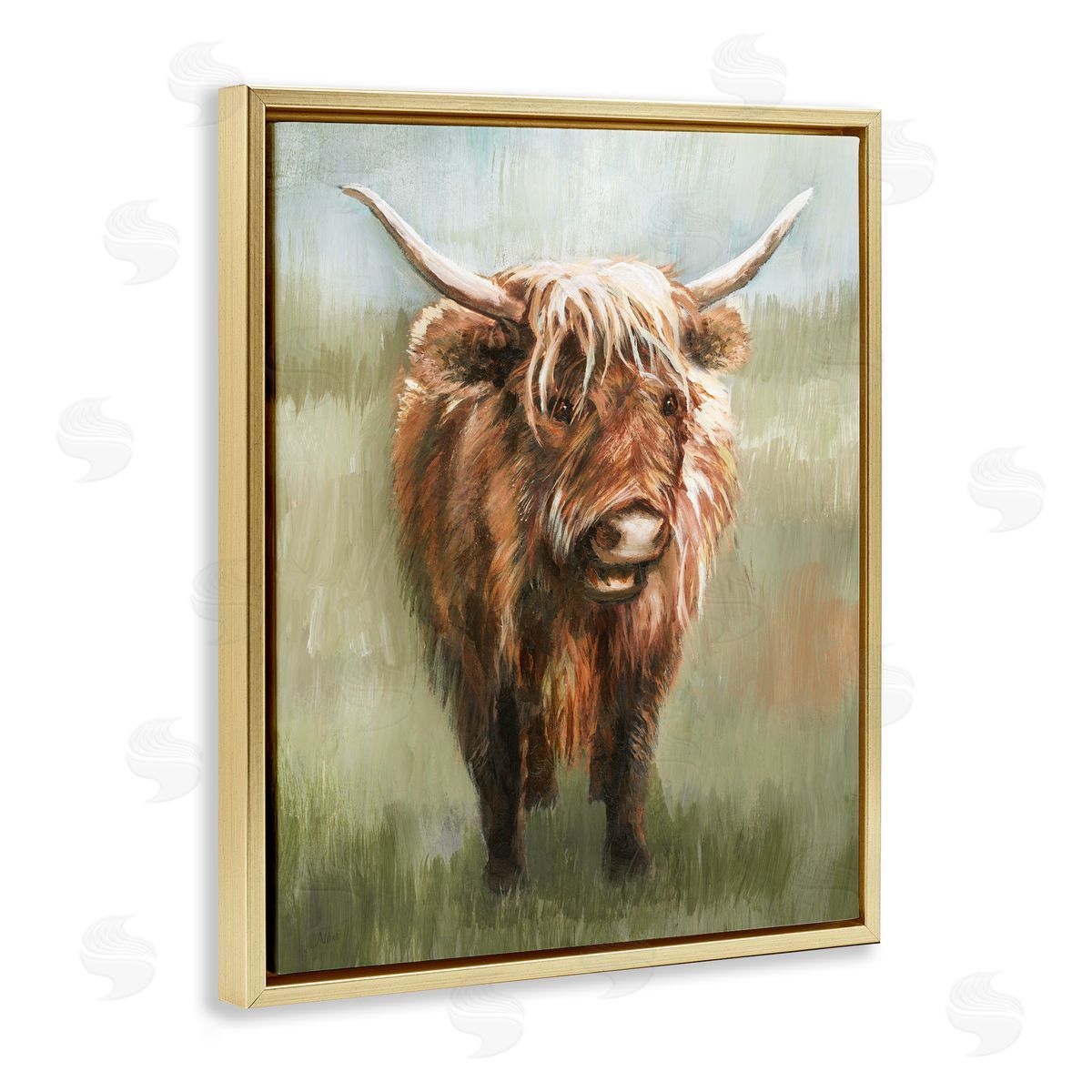 Highland Cattle Painting Gold Floating Frame Canvas Wall Art, Home Decor by Nan