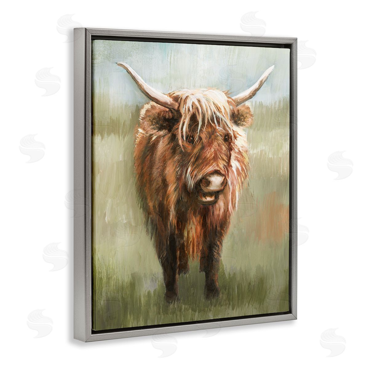 Highland Cattle Painting Grey Floating Frame Canvas Wall Art, Home Decor by Nan