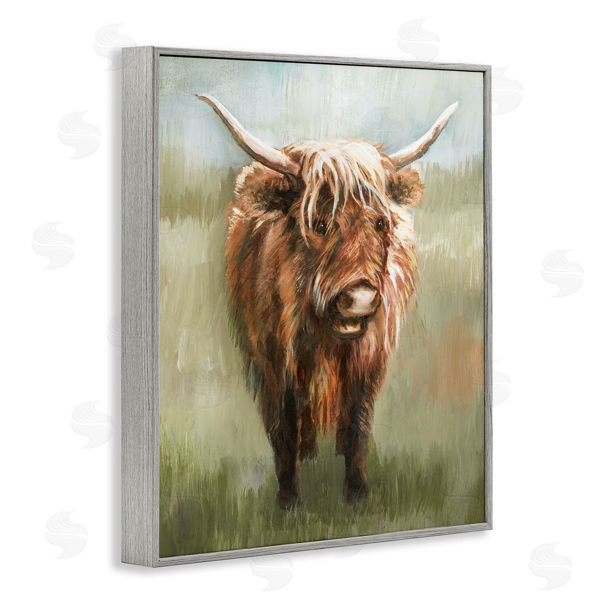 Highland Cattle Painting Grey Frame Print Wall Art, Home Decor by Nan