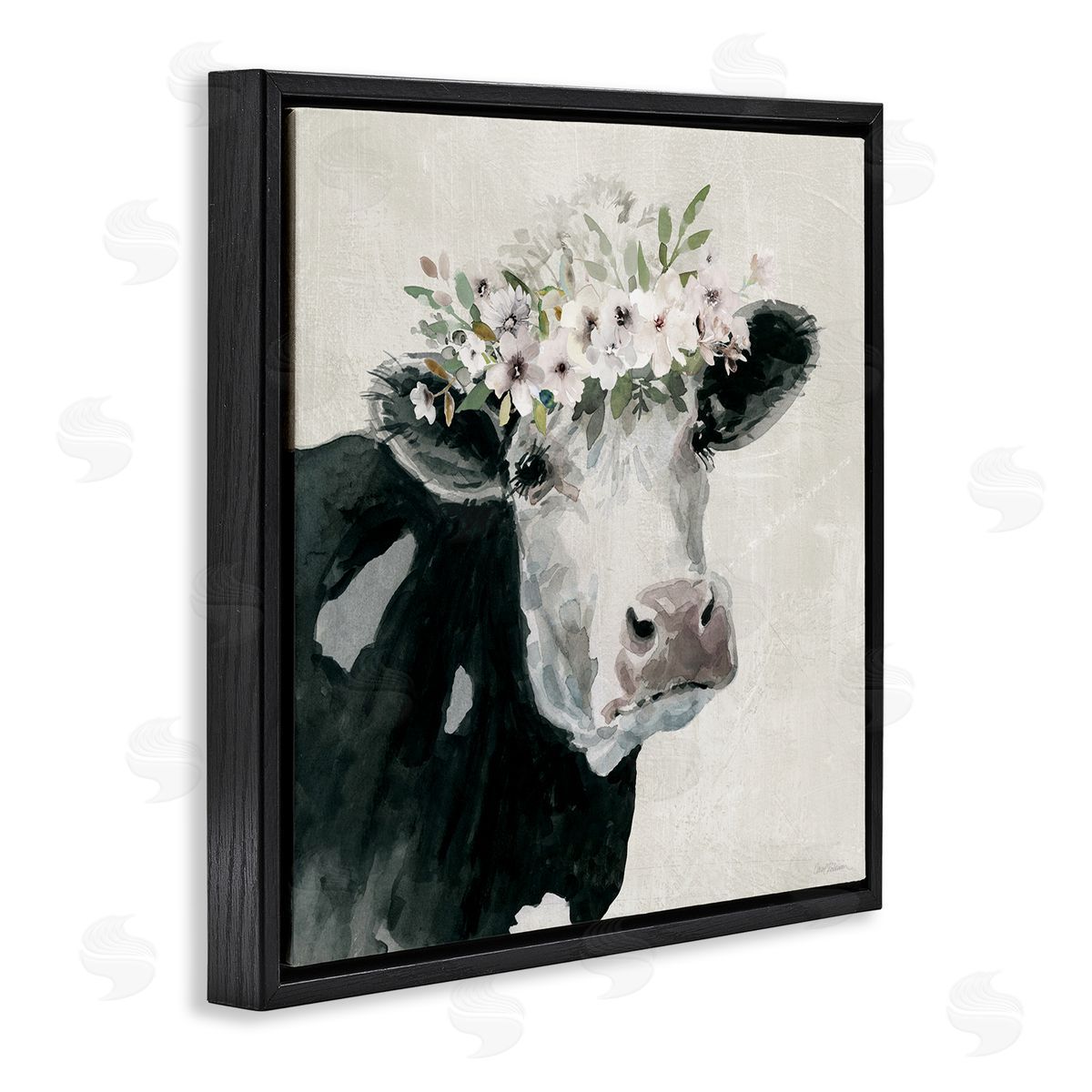 Gazing Cow with Florals Black Floating Frame Canvas Wall Art, Home Decor by Carol Robinson