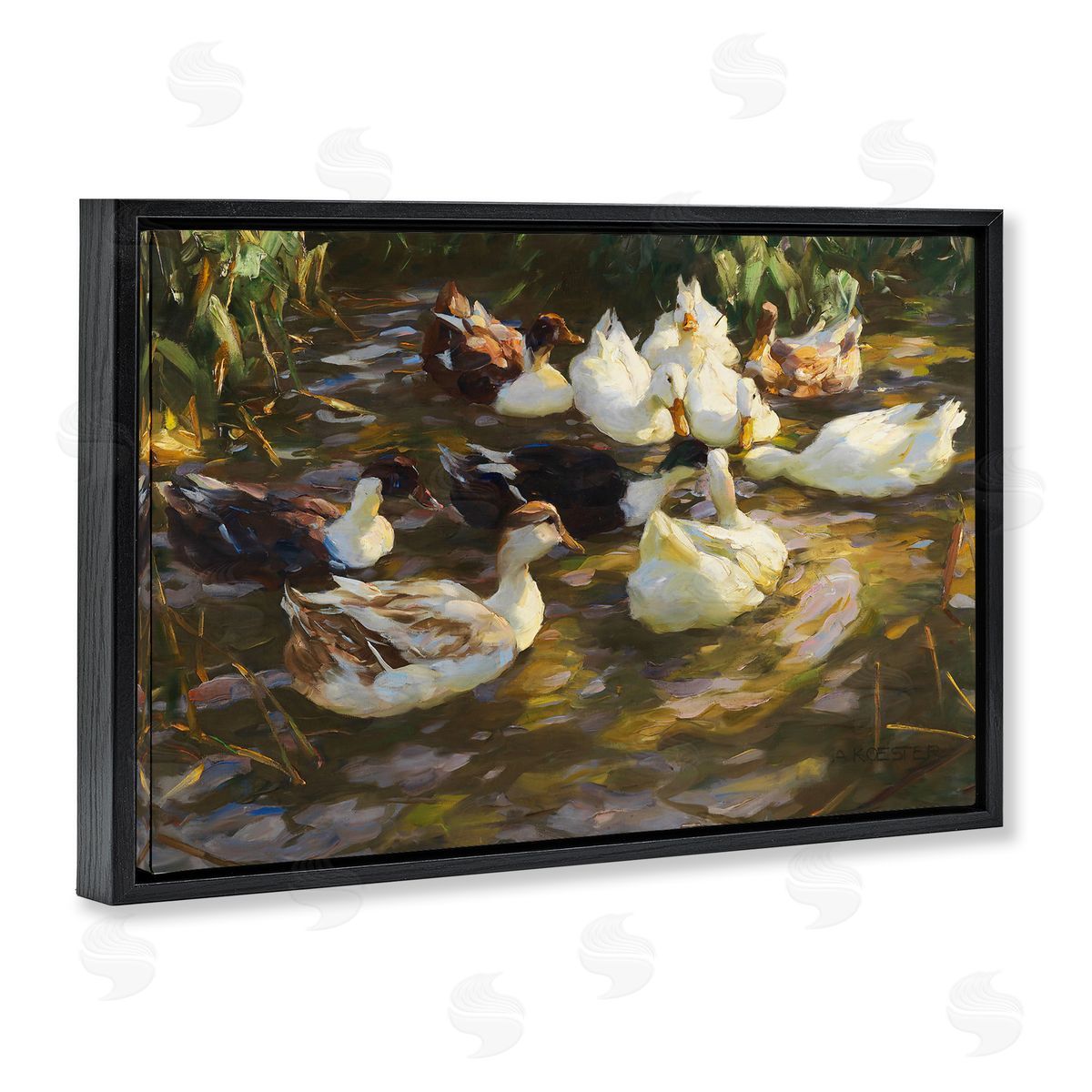 Ducks in Flowing River Black Floating Frame Canvas Wall Art, Home Decor by CAD Designs