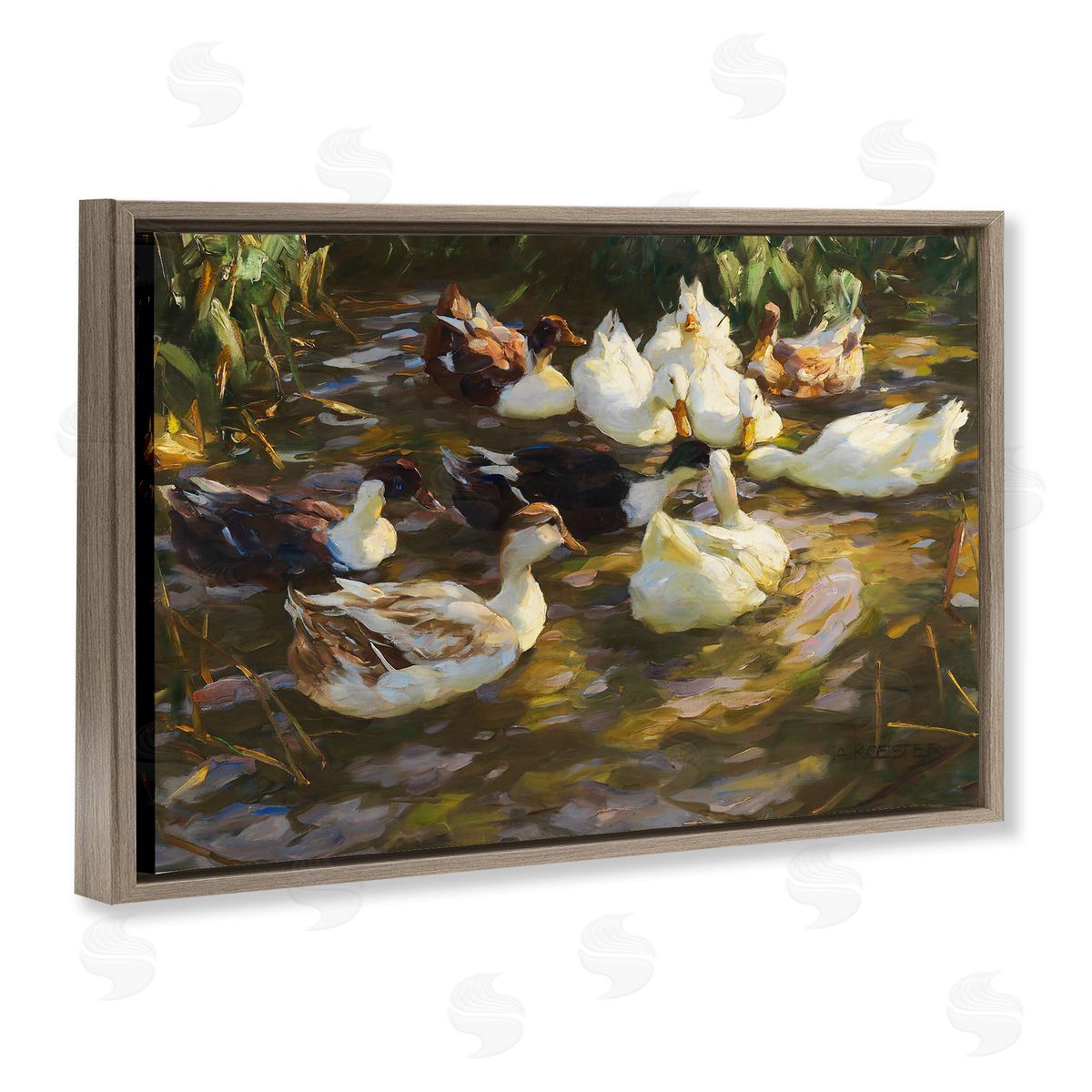 Ducks in Flowing River Brown Floating Frame Canvas Wall Art, Home Decor by CAD Designs