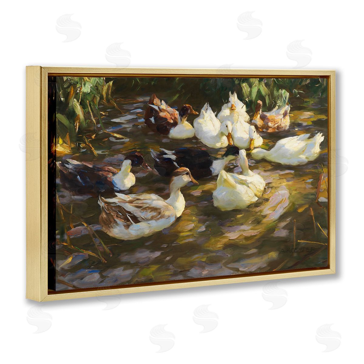Ducks in Flowing River Gold Floating Frame Canvas Wall Art, Home Decor by CAD Designs