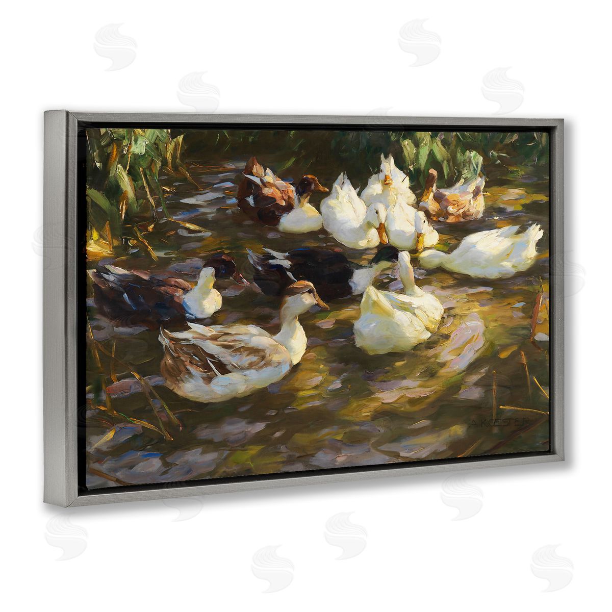 Ducks in Flowing River Grey Floating Frame Canvas Wall Art, Home Decor by CAD Designs