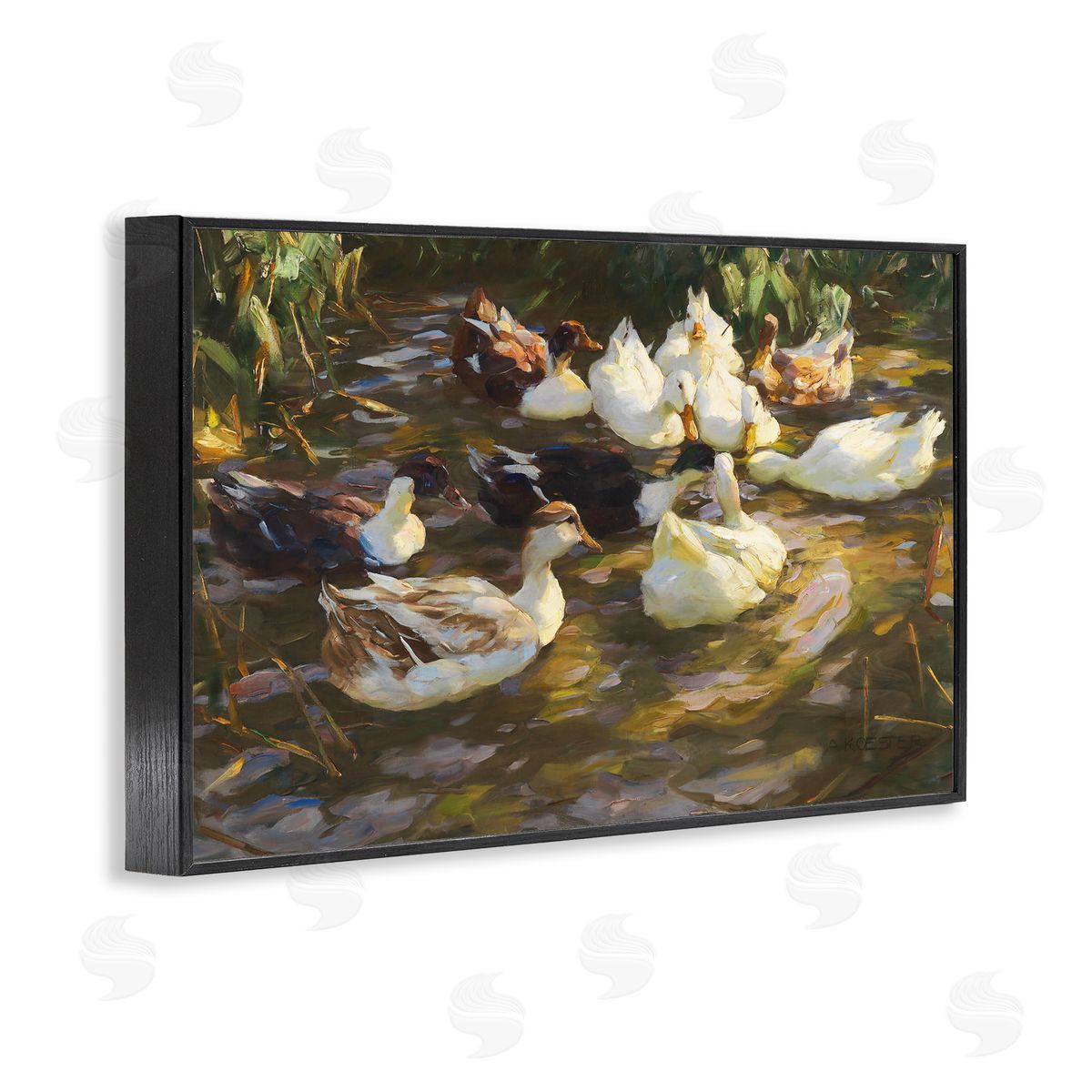 Ducks in Flowing River Black Frame Print Wall Art, Home Decor by CAD Designs