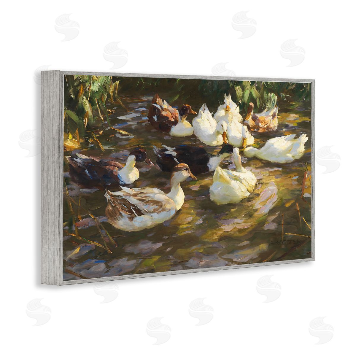 Ducks in Flowing River Grey Frame Print Wall Art, Home Decor by CAD Designs