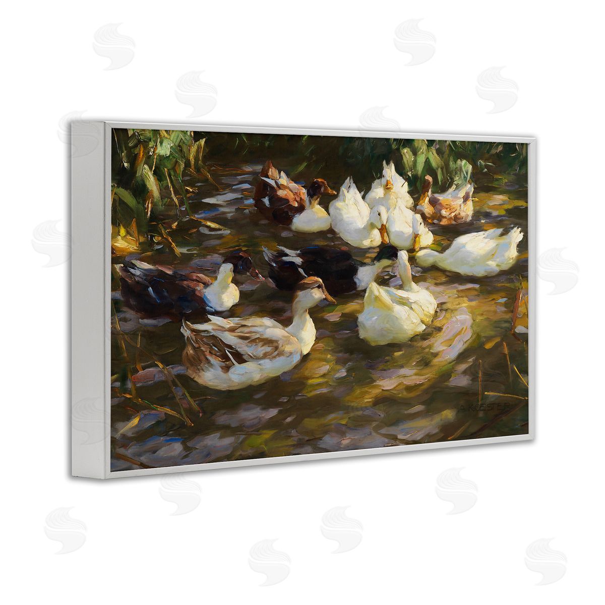 Ducks in Flowing River White Frame Print Wall Art, Home Decor by CAD Designs