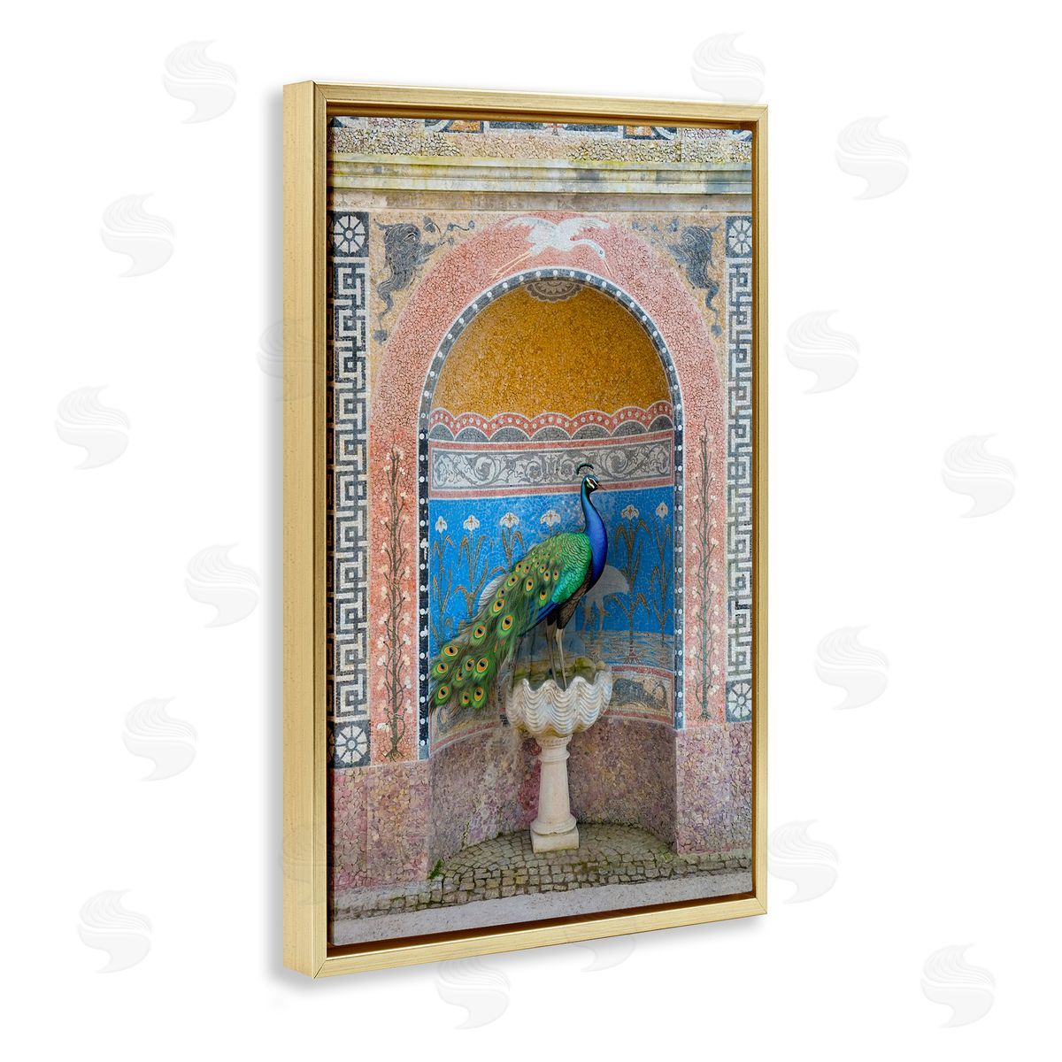 Peacock with Traditional Architecture Gold Floating Frame Canvas Wall Art, Home Decor by Danita Delimont