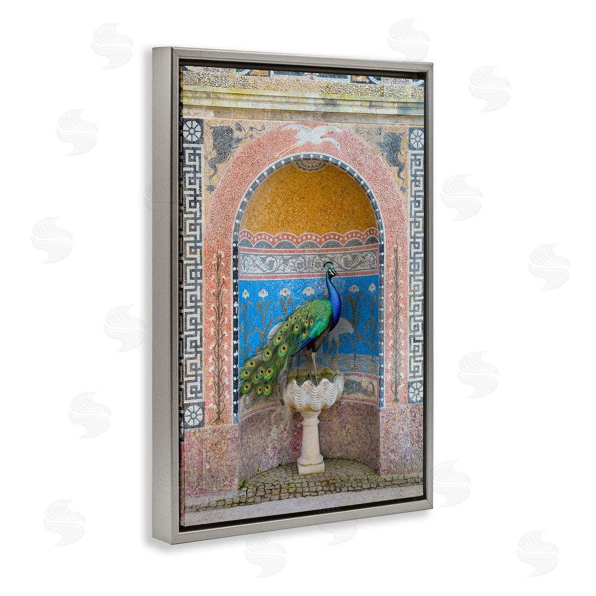Peacock with Traditional Architecture Grey Floating Frame Canvas Wall Art, Home Decor by Danita Delimont