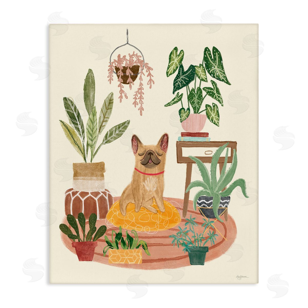 Pug Dog with Plants Canvas Wall Art, Home Decor by Mary Urban