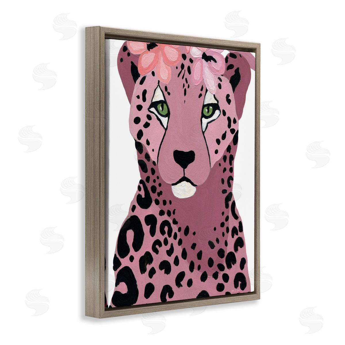 Cheetah with Pink Blossoms Brown Floating Frame Canvas Wall Art, Home Decor by Yvette St. Amant