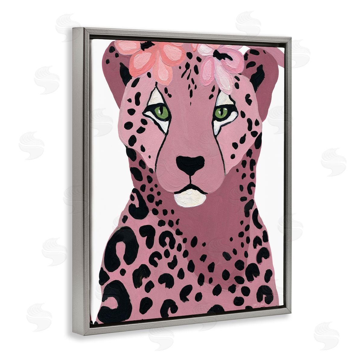 Cheetah with Pink Blossoms Grey Floating Frame Canvas Wall Art, Home Decor by Yvette St. Amant