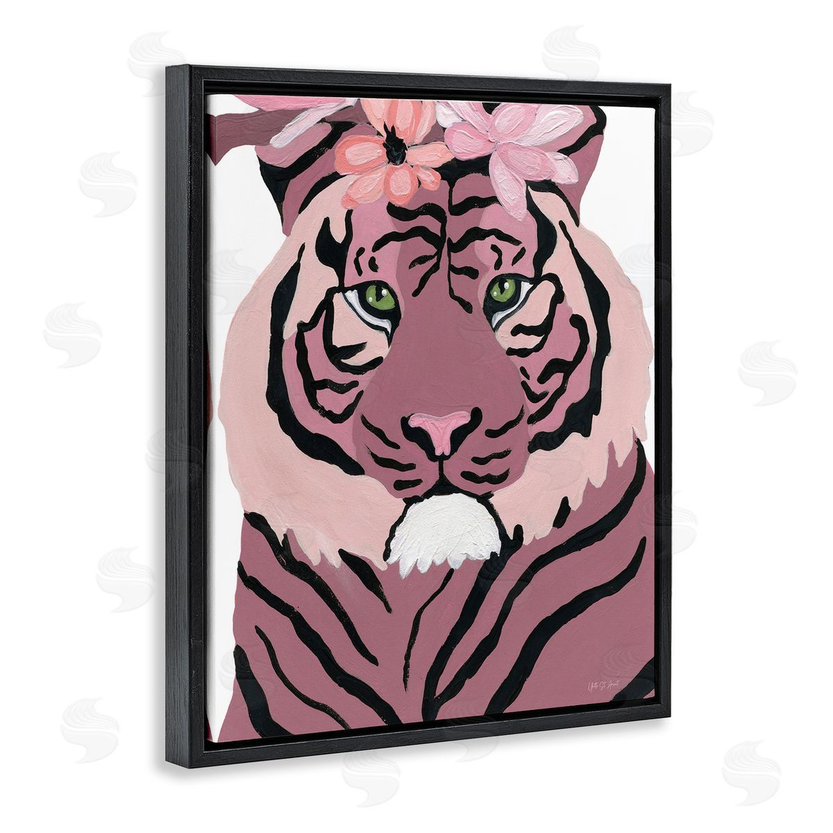 Tiger with Pink Blooms Black Floating Frame Canvas Wall Art, Home Decor by Yvette St. Amant