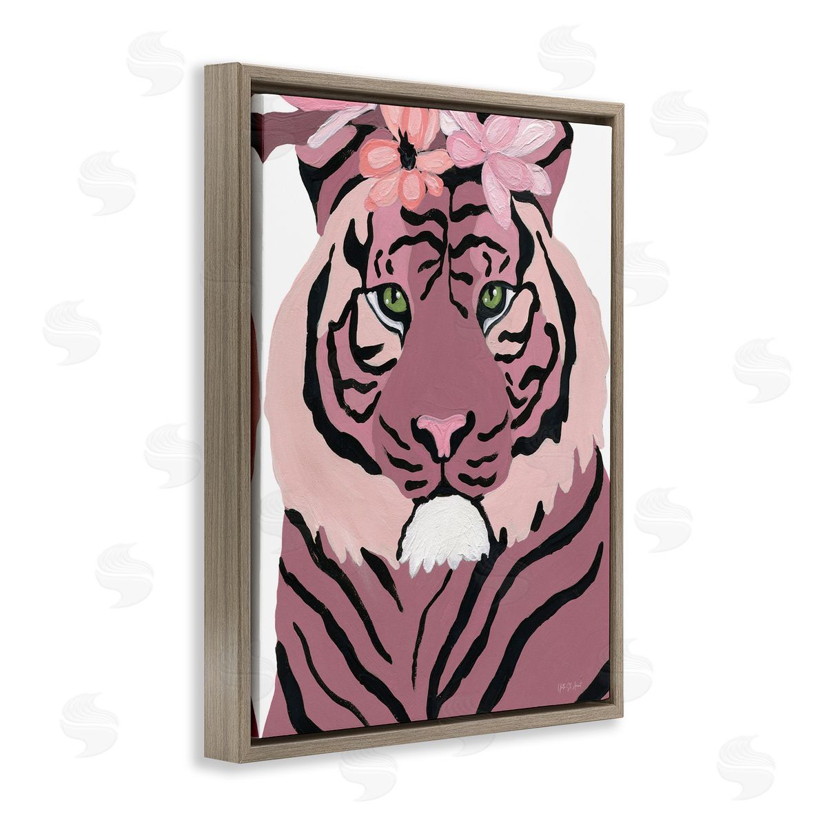 Tiger with Pink Blooms Brown Floating Frame Canvas Wall Art, Home Decor by Yvette St. Amant