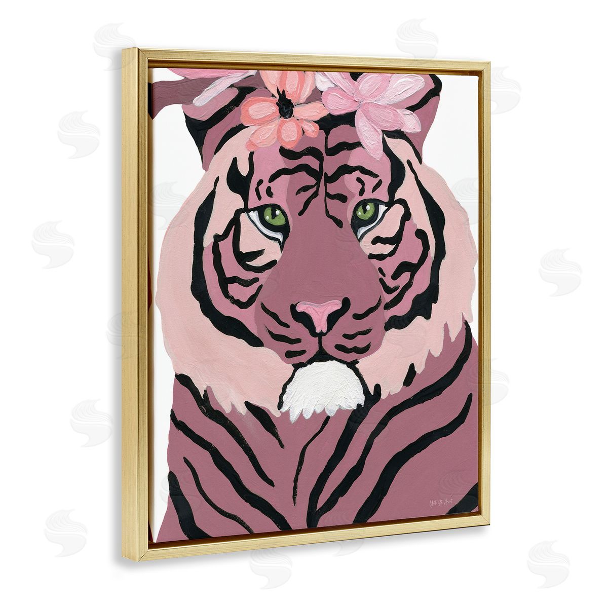 Tiger with Pink Blooms Gold Floating Frame Canvas Wall Art, Home Decor by Yvette St. Amant