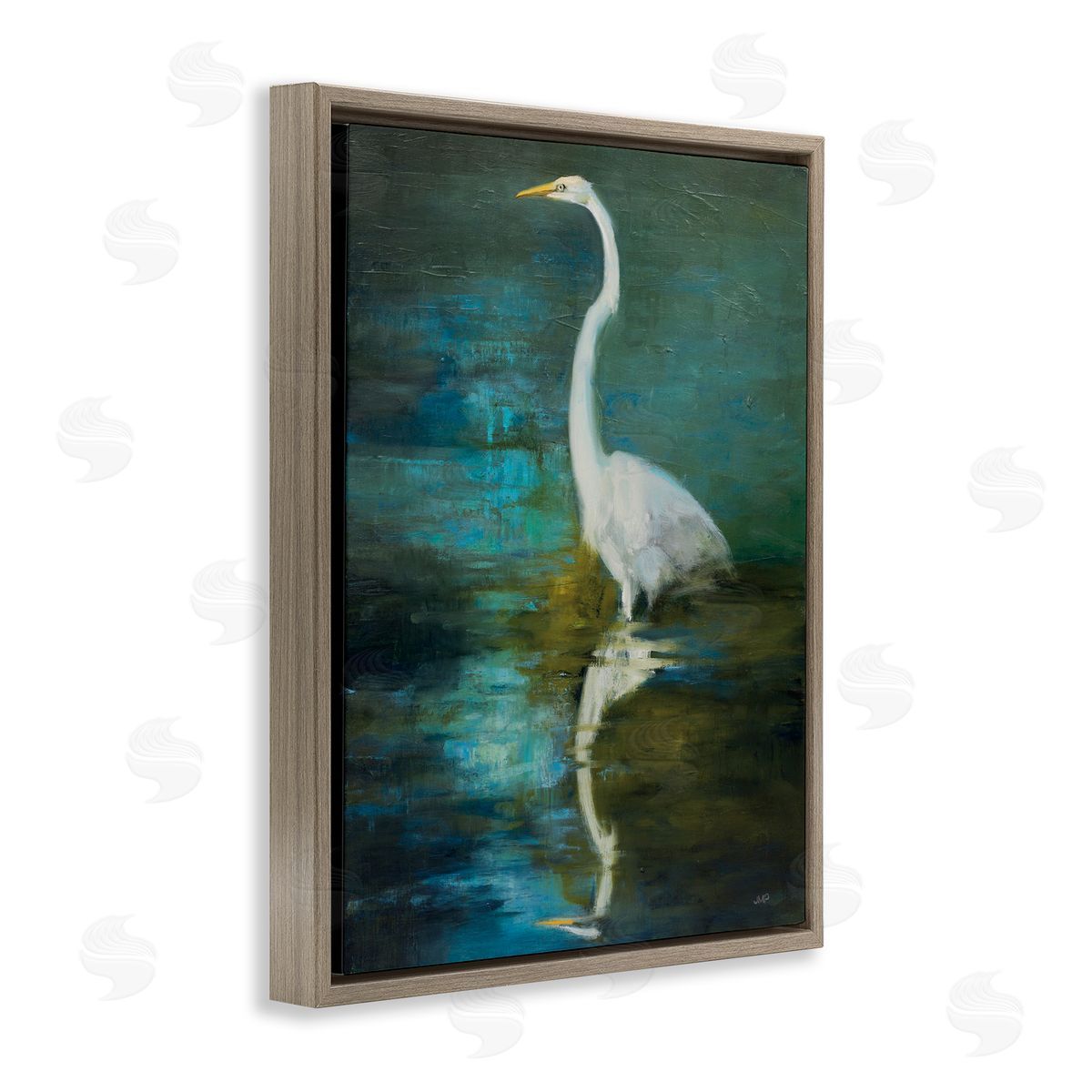 Nautical Bird Lake Reflection Brown Floating Frame Canvas Wall Art, Home Decor by Julia Purinton