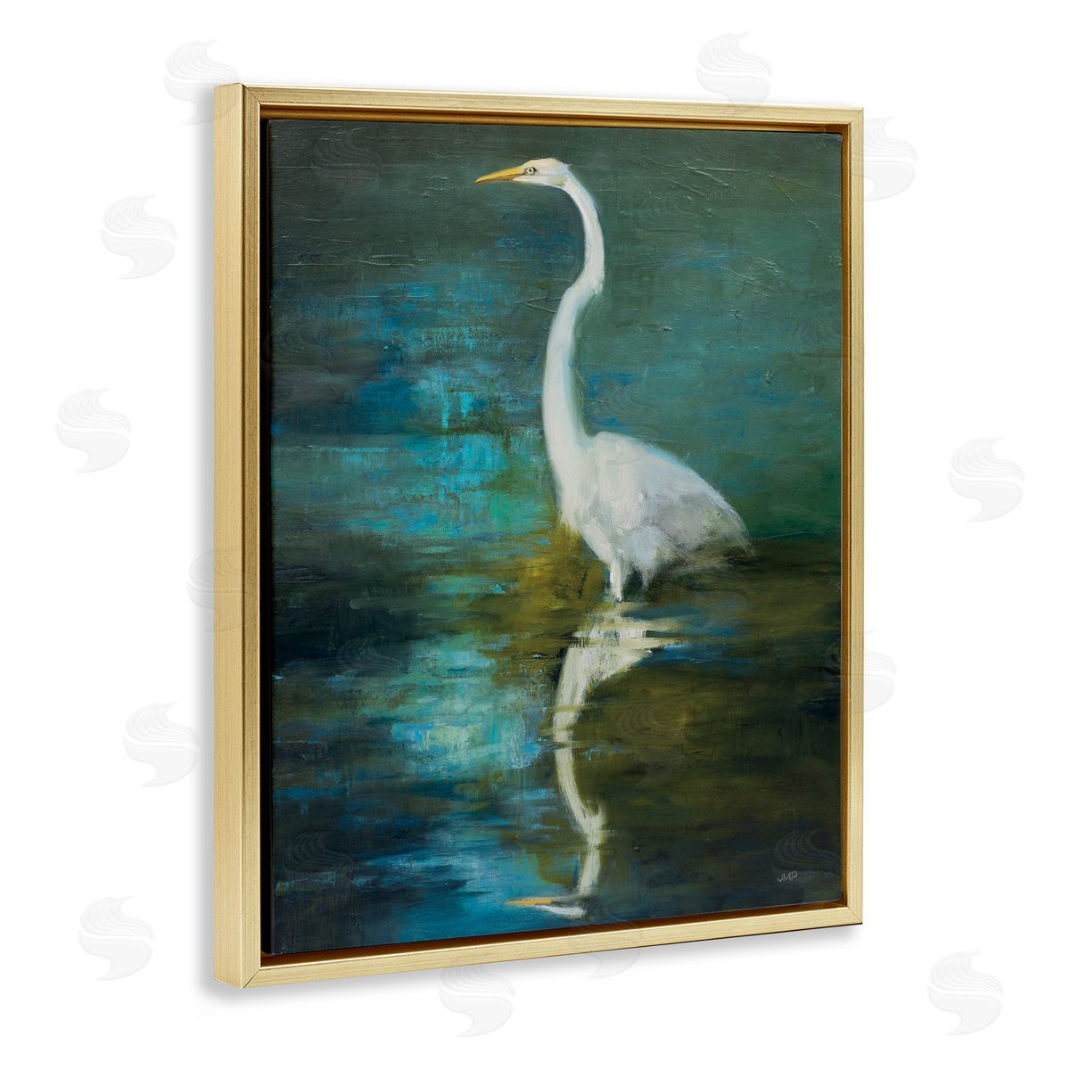 Nautical Bird Lake Reflection Gold Floating Frame Canvas Wall Art, Home Decor by Julia Purinton