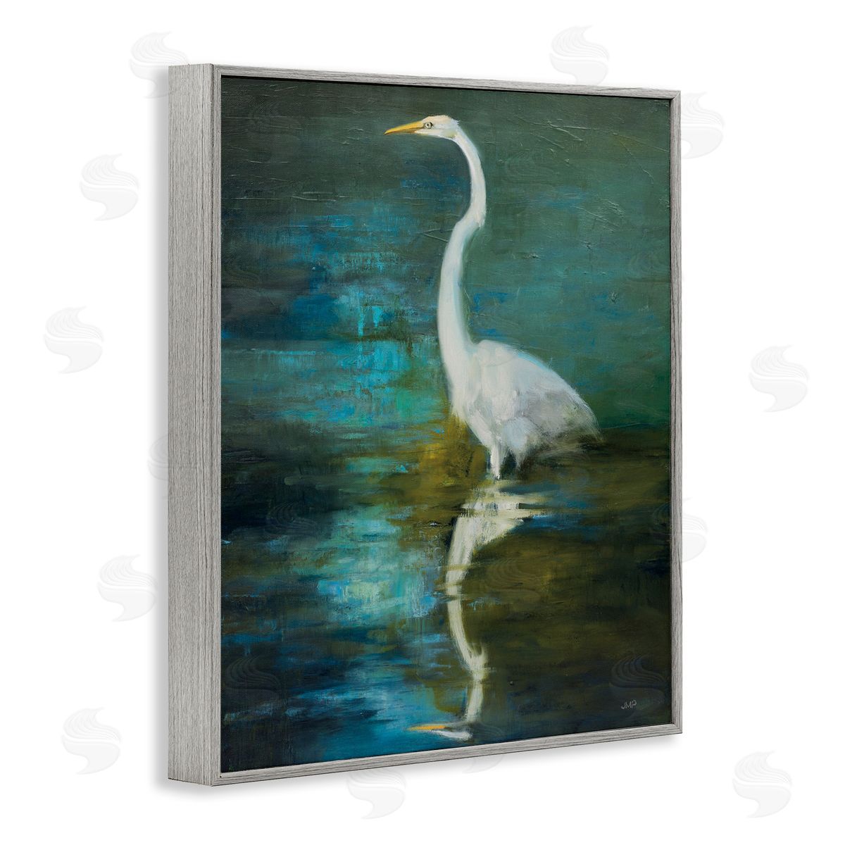 Nautical Bird Lake Reflection Grey Frame Print Wall Art, Home Decor by Julia Purinton