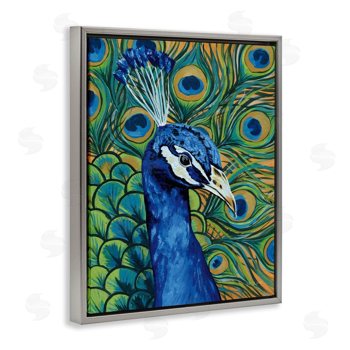 Bold Peacock Feathers Pattern Grey Floating Frame Canvas Wall Art, Home Decor by Yvette St. Amant
