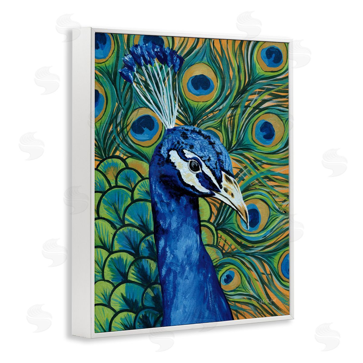 Bold Peacock Feathers Pattern White Frame Print Wall Art, Home Decor by Yvette St. Amant