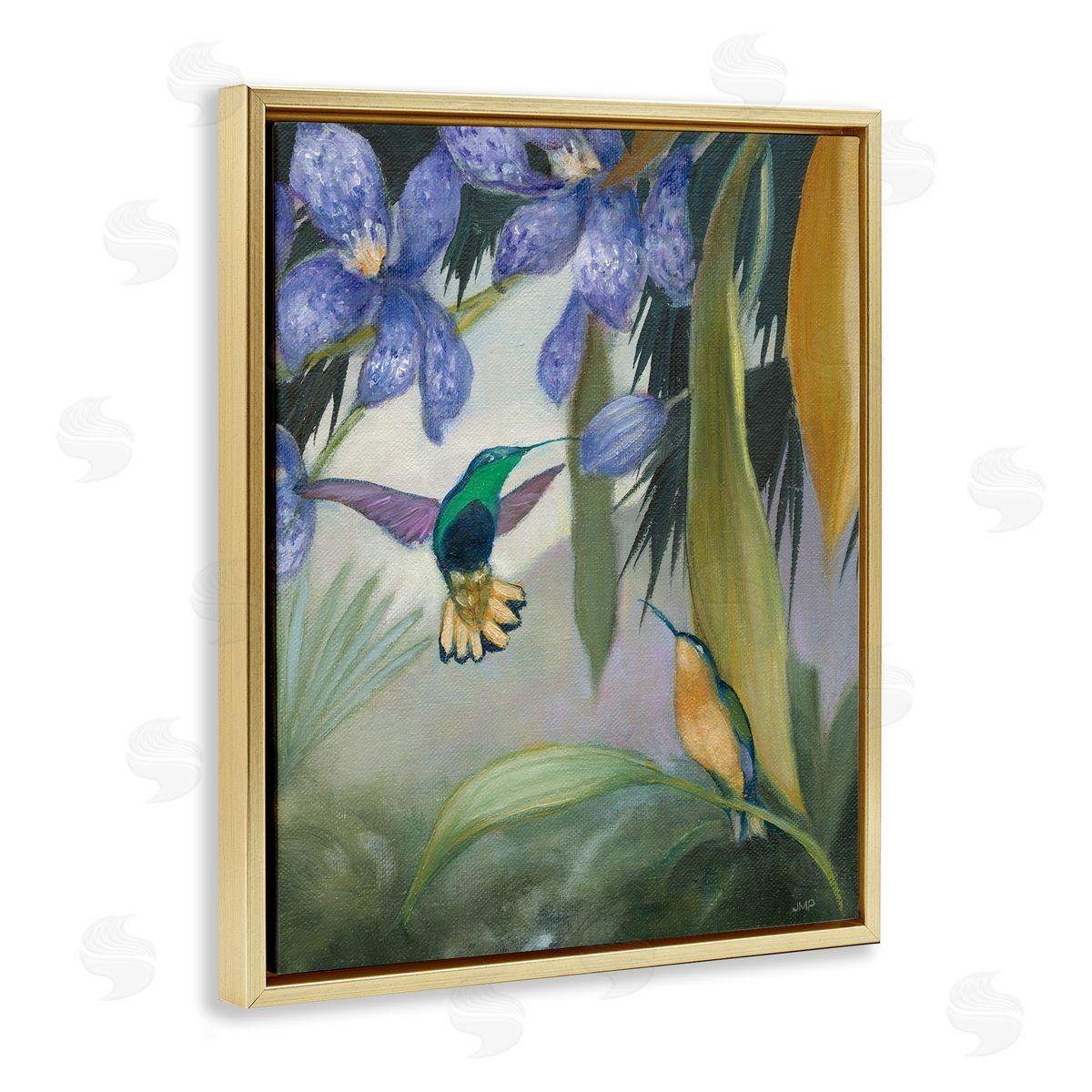 Hummingbirds in Nature Gold Floating Frame Canvas Wall Art, Home Decor by Julia Purinton