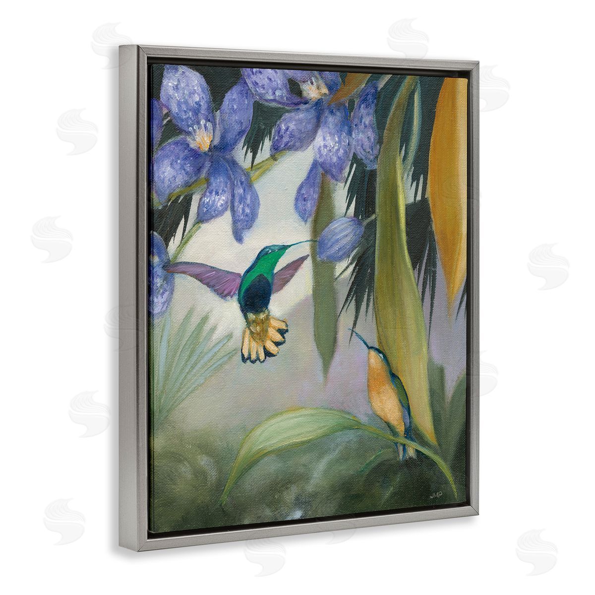 Hummingbirds in Nature Grey Floating Frame Canvas Wall Art, Home Decor by Julia Purinton